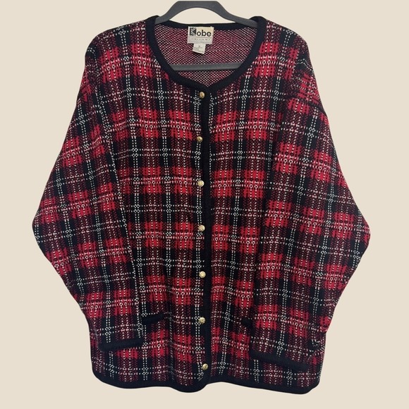 Vintage Sweaters - Vintage Kobe 1X Red and Black Plaid Button Front Cardigan Sweater Hong Kong Made